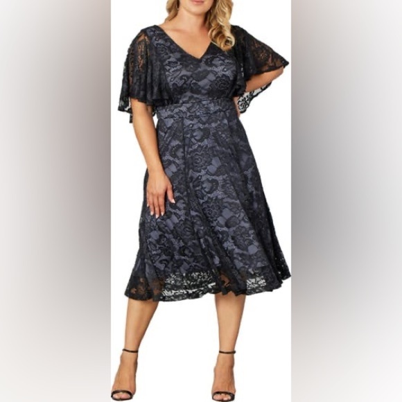 NWT Kiyonna Camille Lace Overlay Midi Cocktail Dress Storm Grey Gray - Picture 1 of 13